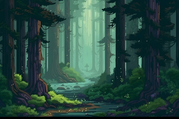 PIxel art concept of forest for computer game. Pixelated image