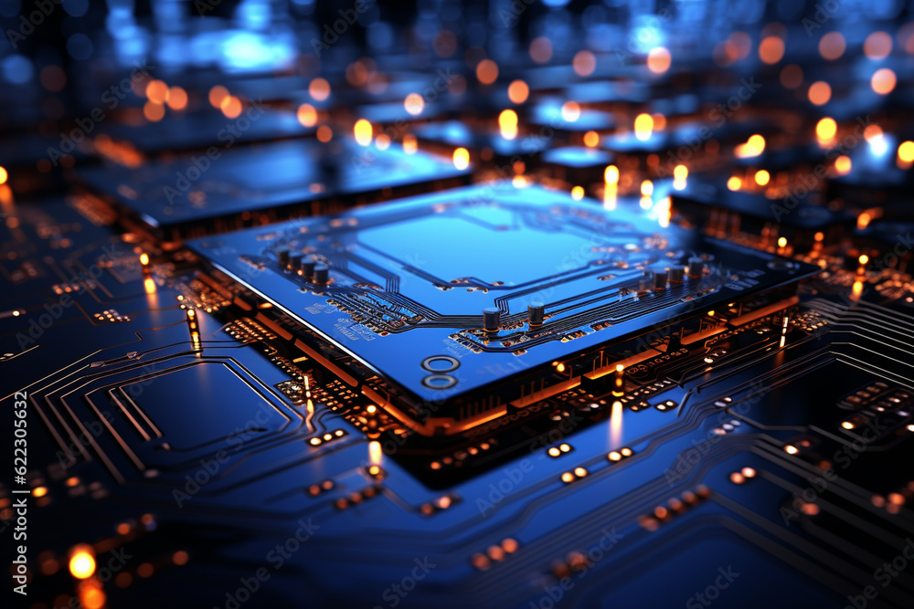 Poster a blue abstract pattern resembling a circuit board, symbolizing technology-driven business solutions