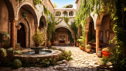 Fototapeta na wymiar A cool and refreshing courtyard in a Syrian home, with a fountain, a tiled floor, and a vine-covered pergola.