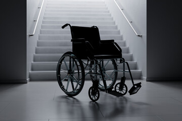 Fototapeta na wymiar Empty Wheelchair Next to Wide Stairs: Concept of Health Problems, Disabilities.