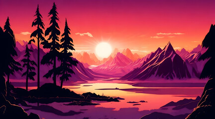 Illustrations design of wild mountains landscape. Design for banner, flyer or card generative AI