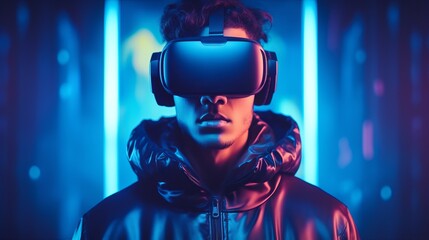 Virtual reality 3d augmented experience exited digital generate person wear vr glasses goggle headset hand gesture touch 3d object in virtual world fun cheerful and remarkable,generative ai