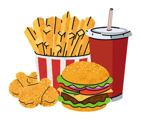 fast food, cartoon icons set, simple flat style, street high calorie food illustration.