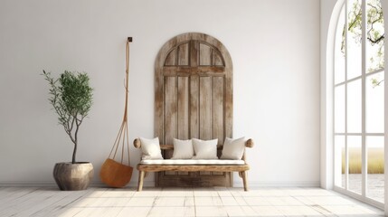 Fototapeta na wymiar beautiful wooden door with old wood bench white background wall home interior design concept,generative ai