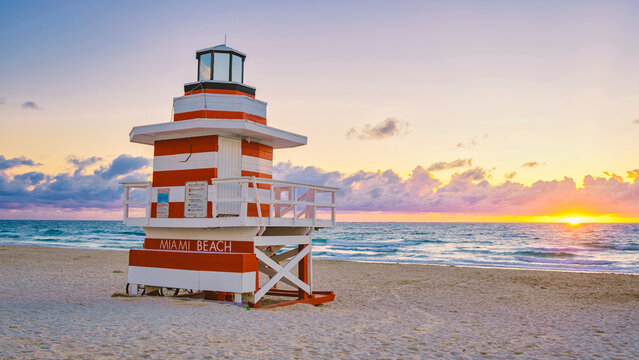 South Beach Miami Florida, beach hut lifeguard hut during sunset. beautiful sunset on Miami Beach