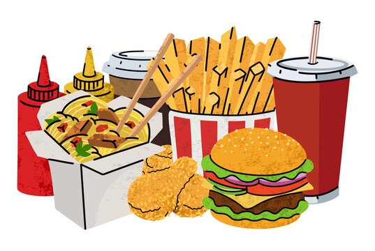 fast food, cartoon icons set, simple flat style, street high calorie food illustration.