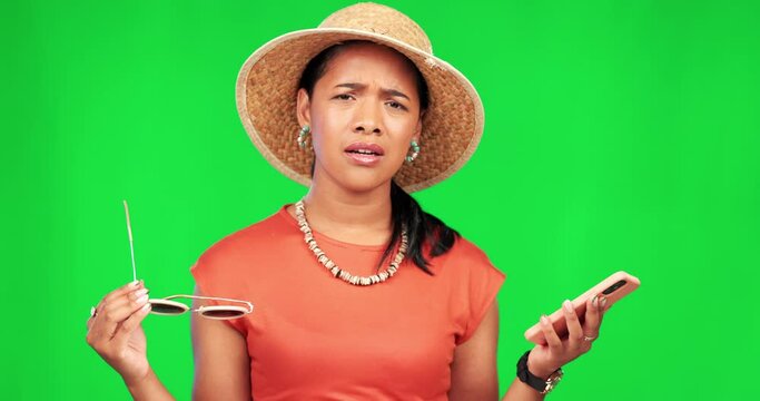 Green screen, phone and woman with scam and glitch with wtf and problem. Young female person, mobile issue and fail with frustrated face and online doubt with fake news and anger with technology