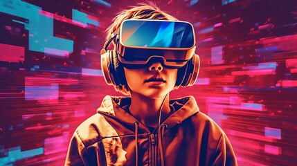 Obraz na płótnie Canvas Virtual reality 3d augmented experience exited digital generate person wear vr glasses goggle headset hand gesture touch 3d object in virtual world fun cheerful and remarkable,generative ai