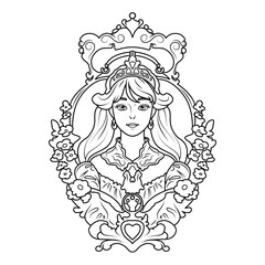 Cute princess with a tiara on her head in a frame with flowers. Coloring book for children and adults. Vector graphics