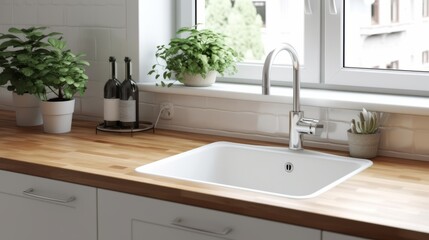 Naklejka na ściany i meble kitchen design home interior design concept kitchen sink with light from window house beautiful design background,Created with Generative AI Technology.