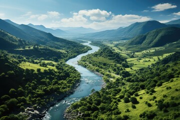 Fototapeta na wymiar Rhapsody of Wilderness: A Captivating Aerial Symphony of a Sinuous River Cutting Across a Lush Green Valley, as a Solitary Kayaker Unveils the Serene Secrets of Nature Generative AI