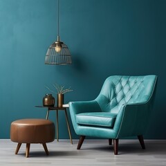 Tufted armchair and coffee table with lamp near turquoise wall