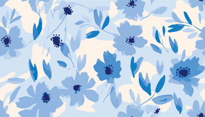 Obraz premium Hand drawn bright blue simple abstract floral print. Minimalist trendy pattern. Fashionable template for design.