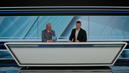 BEHIND THE SCENES BTS Positive co-hosts having a conversation after finishing TV style broadcast morning talk show