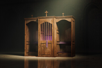 Christian chapel with confessional. Place in the church to confess sins. Mercy. - obrazy, fototapety, plakaty