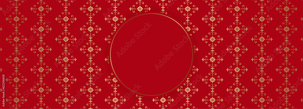 Wall mural red composition with isolated round frame with golden border