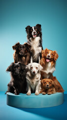 group of dogs on top of each other in a studio