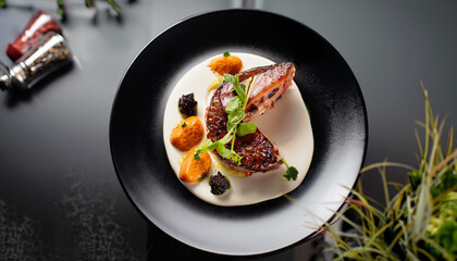 food elegant expensive dish plate dark black gourmet dinner chef - obrazy, fototapety, plakaty