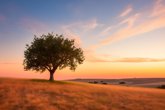 Landscape of line tree standing in a field over sunset background © akualip