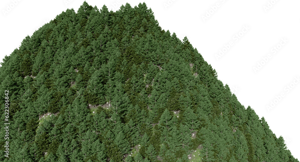 Poster realistic mountain with forest. 3d rendering of isolated objects.