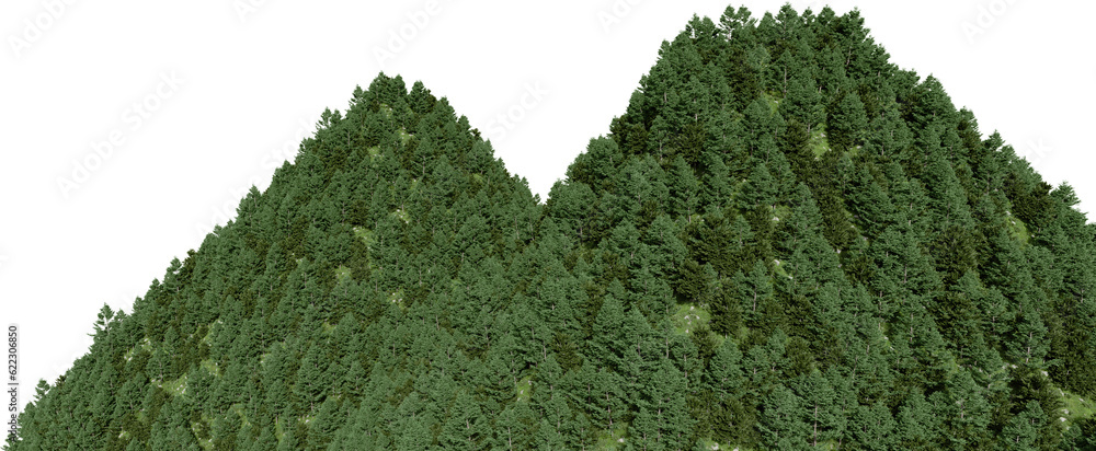 Aufkleber realistic mountain with forest. 3d rendering of isolated objects.