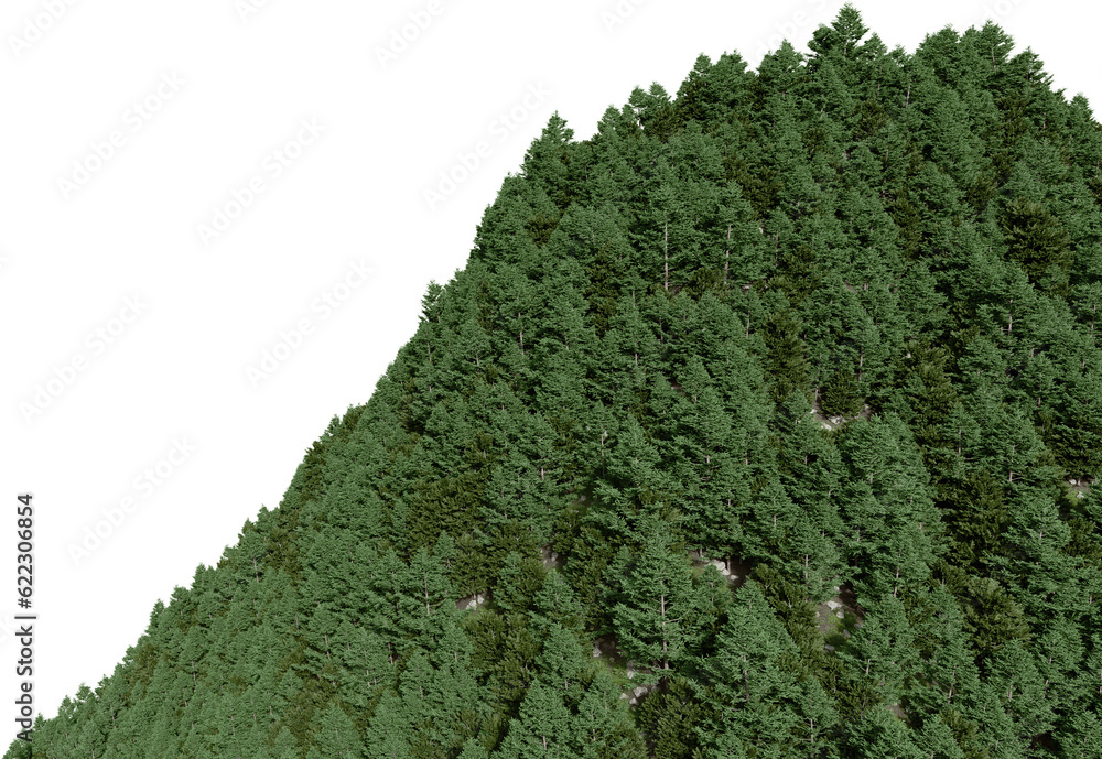 Poster realistic mountain with forest. 3d rendering of isolated objects.