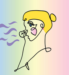 One line drawing of woman smelling something bad.
One continuous line drawing of blond woman holding her nose.
