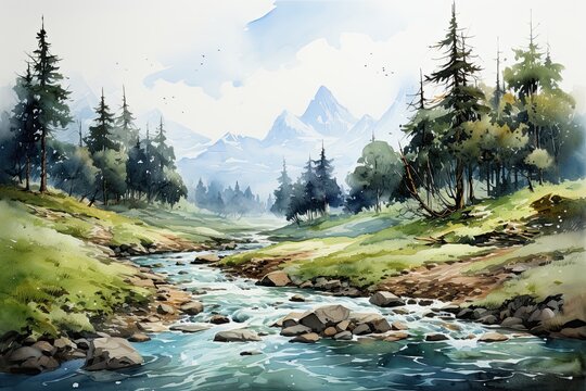 Mountain and river watercolor