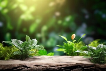 Wooden Platform Landscape with Green Plants Bokeh Panorama Background. Nature Outdoors, Trees, Wood and Blurred Copy Space