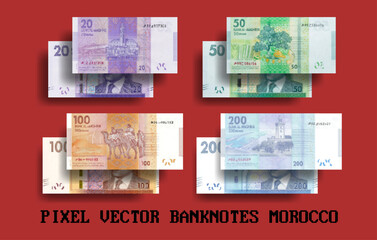 Vector pixel mosaic set of Morocco banknotes. Notes in denominations of 20, 50, 100 and 200 Moroccan dirhams. Flyers and play money. - obrazy, fototapety, plakaty