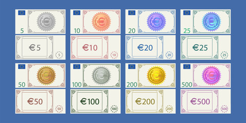Vector set of banknotes, flyers, coupons or vouchers in denominations of 5, 10, 20, 25, 50, 100, 200 and 500 euro, with a coins. Obverse and reverse of play money.