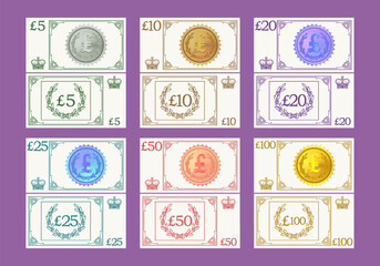 Vector set of banknotes, flyers, coupons or vouchers in denominations of 5, 10, 20, 25, 50 and 100 pounds, with a coins. Obverse and reverse of play money.