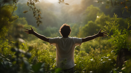 Man with open arms doing forest bathing for relaxation and mildfulness