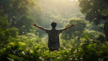 Asian man with open arms in amidst of greenery forest doing forest bathing to receive power of nature