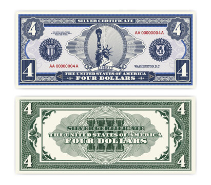 Vector blue banknote obverse and green reverse silver certificate of 4 US dollars. Oval, liberty and guilloche frame. American paper fictional money.