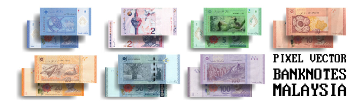 Vector set of mosaic pixelated Malaysian banknotes. Bills in denominations of 1, 2, 5, 10, 20, 50 and 100 ringgit.