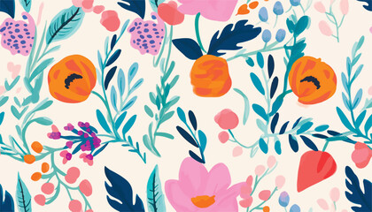 Hand drawn colorful naive abstract floral print. Cute collage pattern. Fashionable template for design.