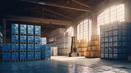 Large industrial warehouse. Tall racks filled with boxes and containers. Boxes on pallets. Forklift in the aisle. Daylight fills the room through the windows. Global logistic concept. 3D illustration.