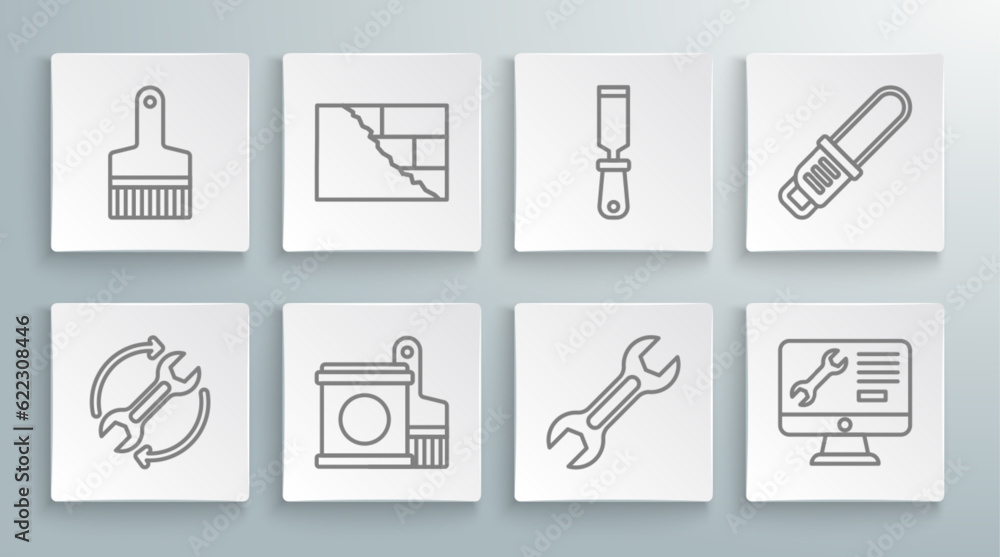 Poster set line wrench and arrows as workflow, bricks, paint bucket brush, spanner, computer monitor servic