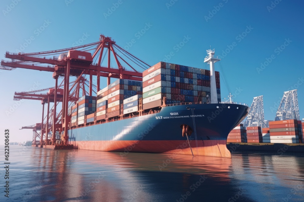 Poster container ship at the berth in cargo terminal of the port under loading. port cranes load containers