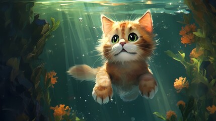 A cute orange cat diving and exploring underwater. Generative AI