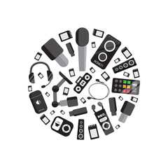 music studio tools arranged in the circle shape. microphones speakers headsets, sound equipment for recording studio sound. Vector icons circle shape