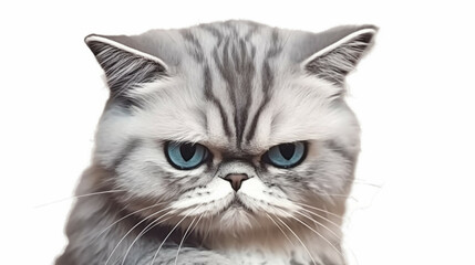 Close-up portrait of a cat with blue eyes isolated on white background.Angry disgruntled cat on isolated white background.