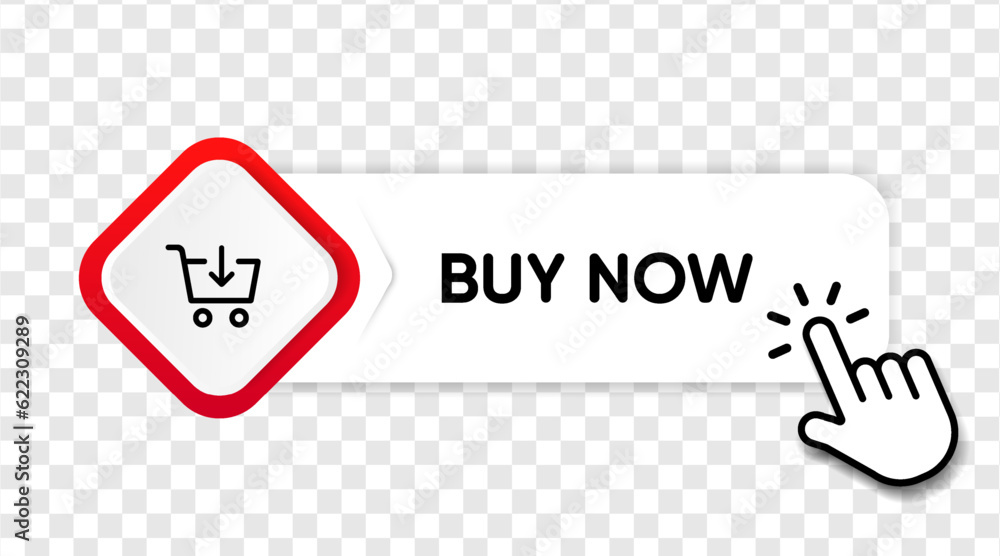 Poster 3d buy now orange button with hand cursor. button hand pointer clicking. click here banner with shad