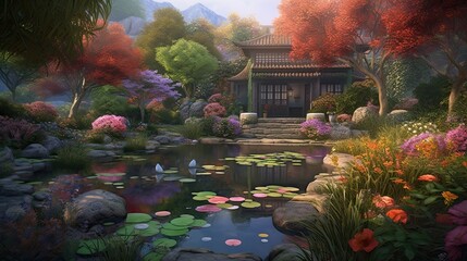 Japanese garden illustration with a pond, trees and flowers