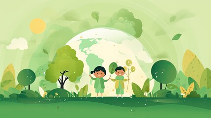 Illustration of two younf children holding plants with the planet earth behind in green colors