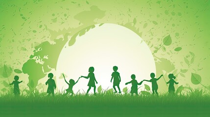 Naklejka na ściany i meble Eco Earth Day green background with children and space for banners