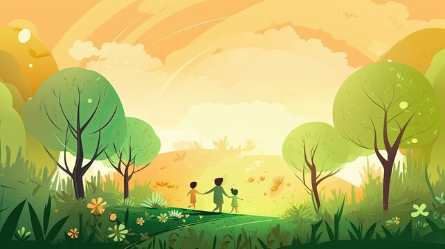 People walking across a lush green field. Illustration art wallpaper