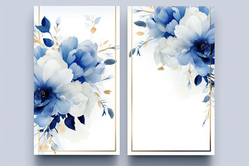 Versatile Card Template: Wedding Invitation, Business Card, RSVP, Menu in Blue and White Theme with Watercolor Floral Design