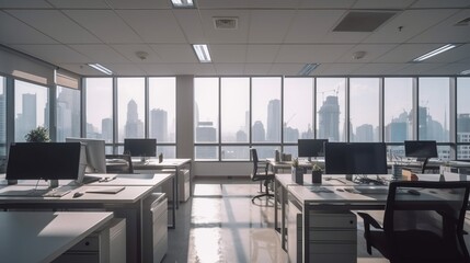 Daytime office space with row of working office table and work station unit modern interior office design,Generative AI